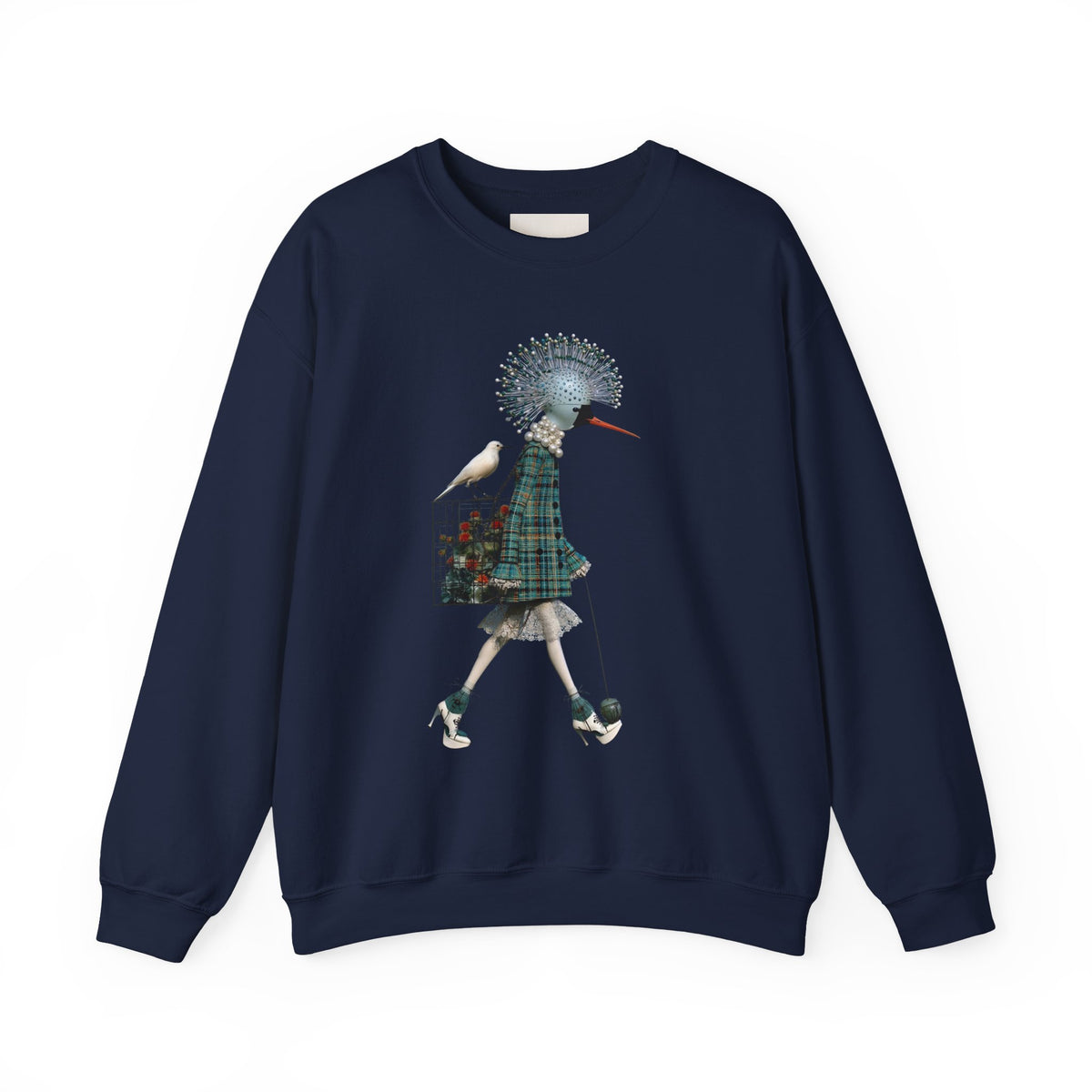 Illustrated Fashion Crewneck Sweatshirt — Bird-Headed Girl in Plaid Dress