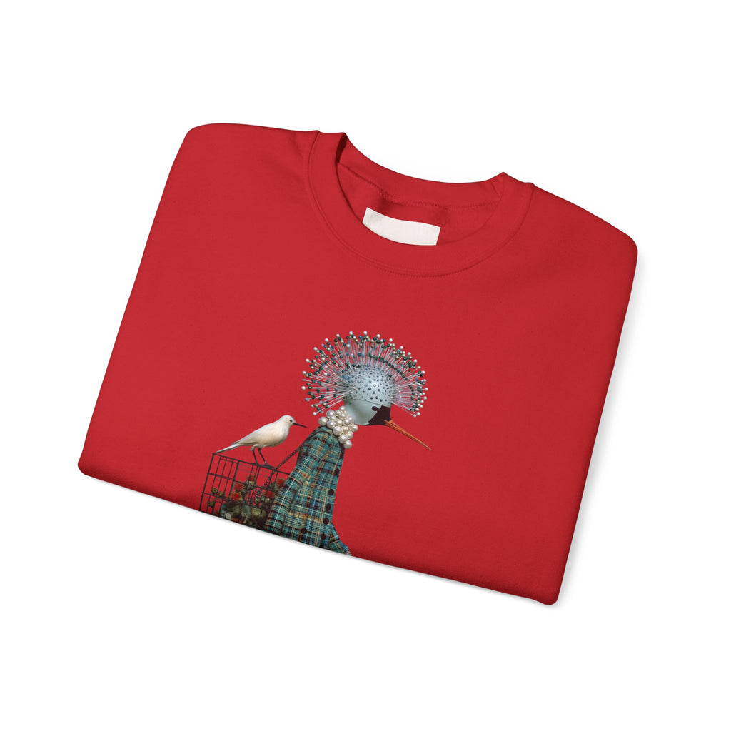 Illustrated Fashion Crewneck Sweatshirt — Bird-Headed Girl in Plaid Dress