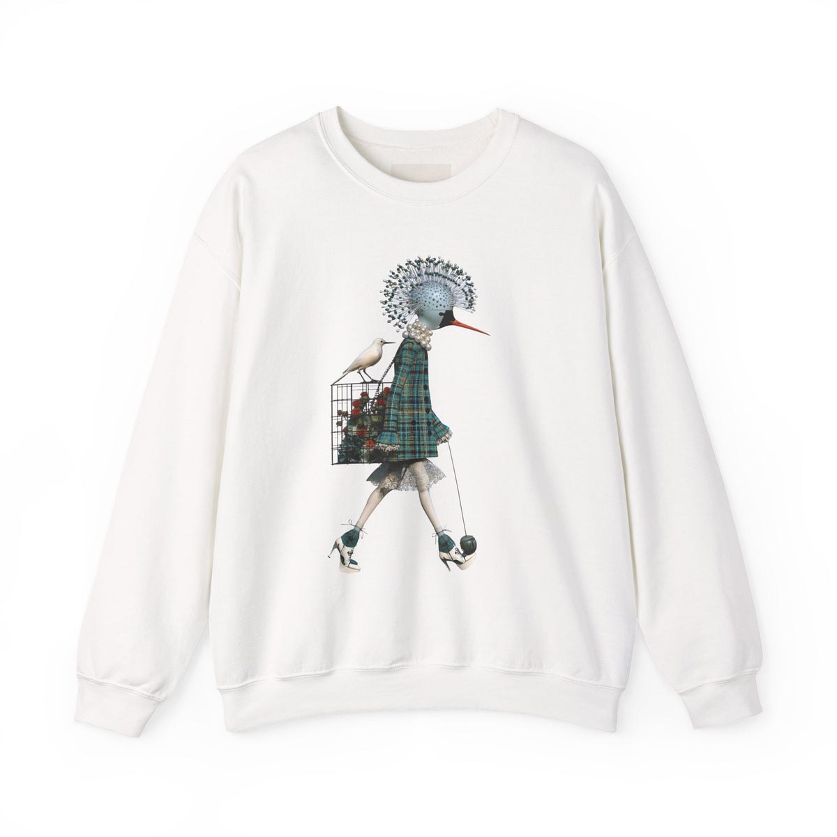 Illustrated Fashion Crewneck Sweatshirt — Bird-Headed Girl in Plaid Dress
