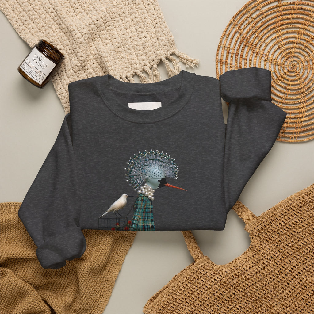 Illustrated Fashion Crewneck Sweatshirt — Bird-Headed Girl in Plaid Dress