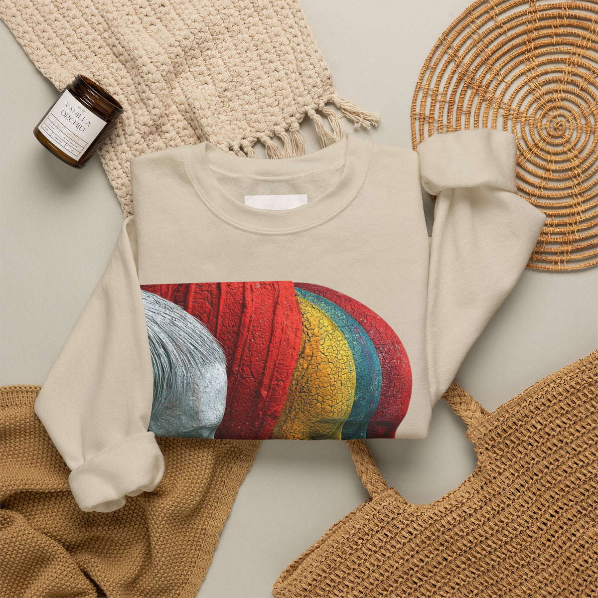 Abstract Triple-Profile Art Sweatshirt — Colorful Layered Faces Crewneck