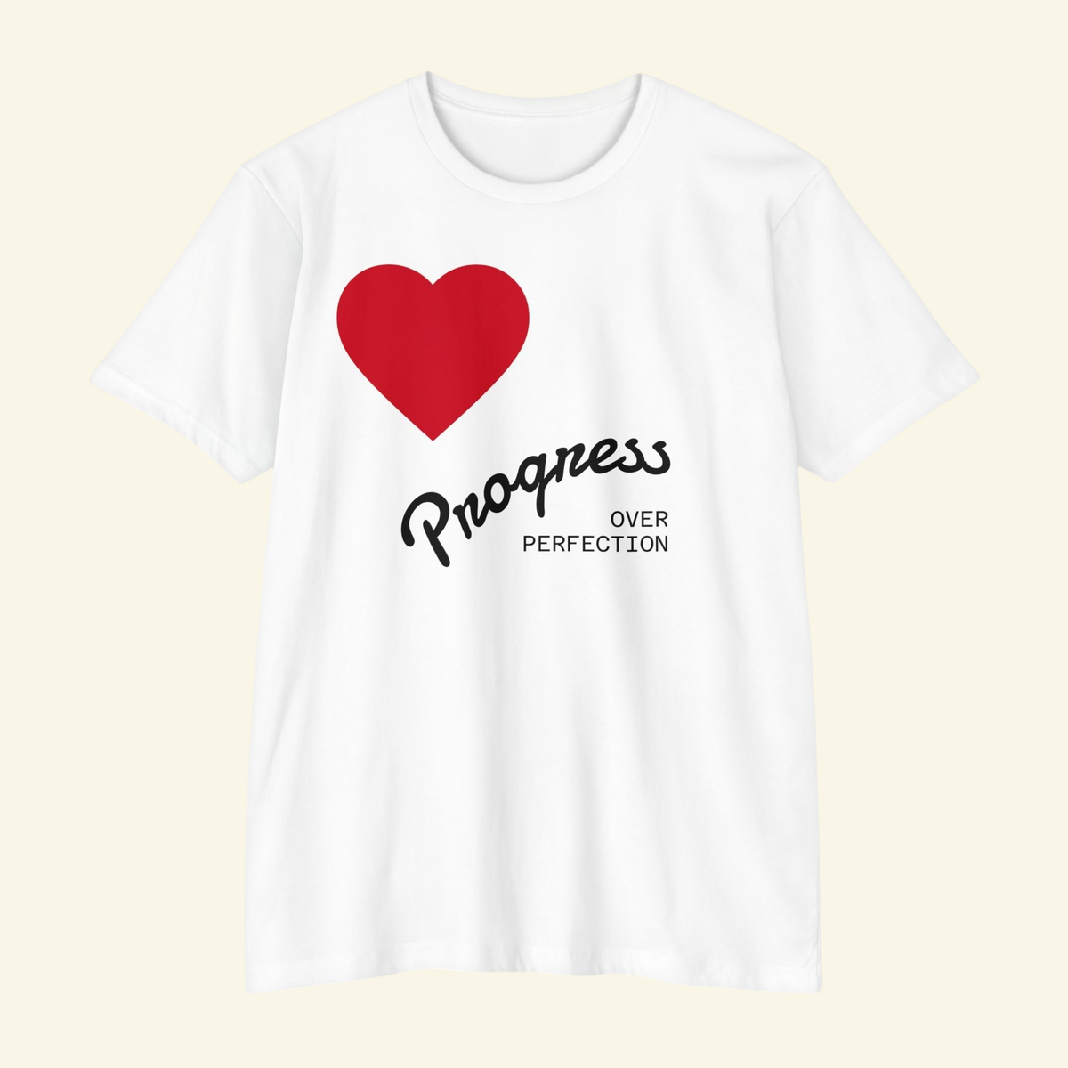 PURETE white cotton-blend t-shirt featuring a red heart graphic and Progress Over Perfection text on the chest.