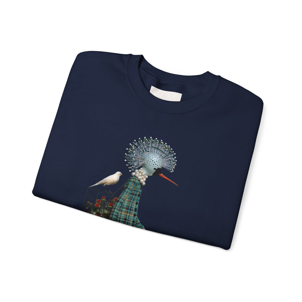 Illustrated Fashion Crewneck Sweatshirt — Bird-Headed Girl in Plaid Dress