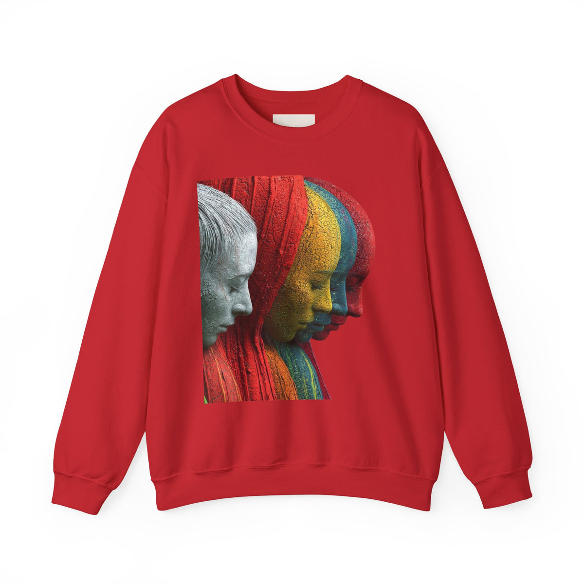 Abstract Triple-Profile Art Sweatshirt — Colorful Layered Faces Crewneck