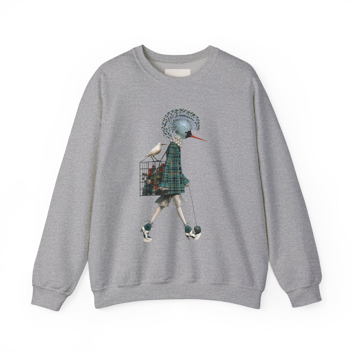 Illustrated Fashion Crewneck Sweatshirt — Bird-Headed Girl in Plaid Dress