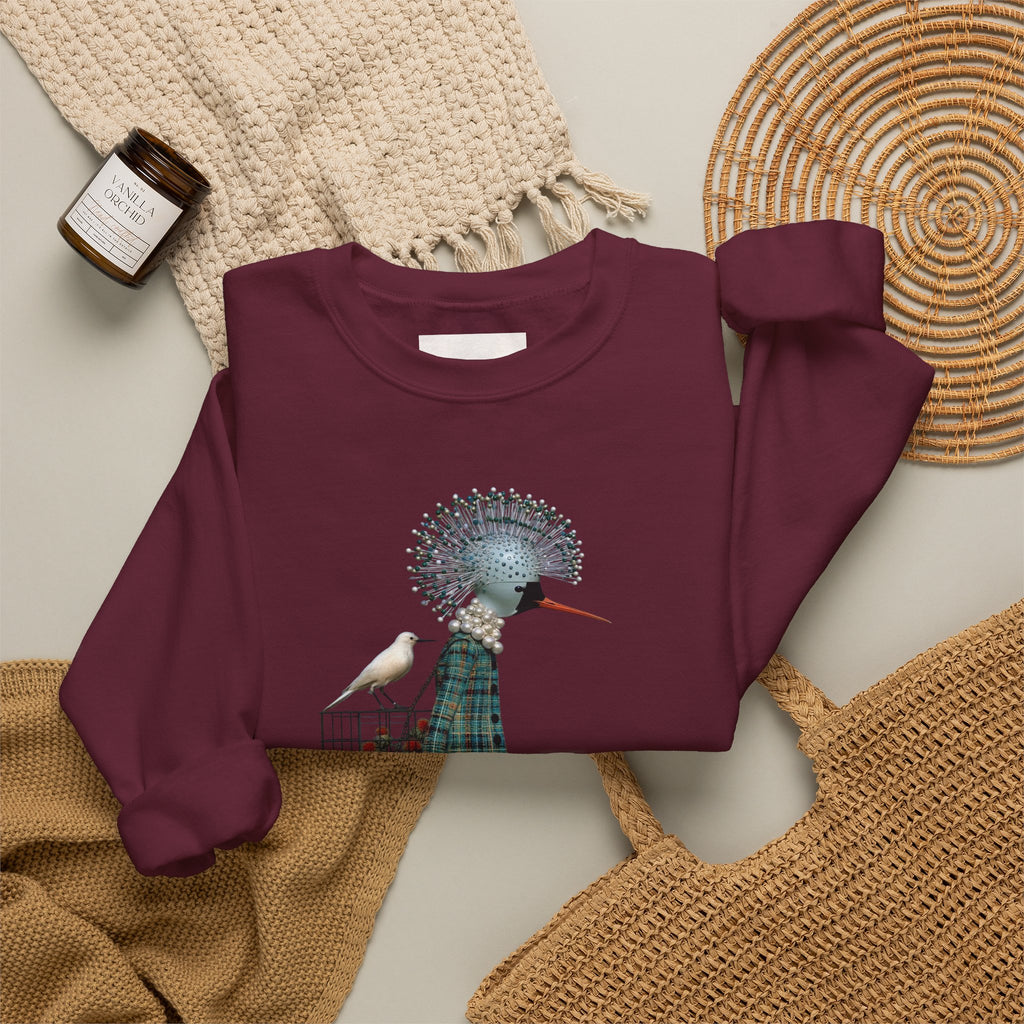 Illustrated Fashion Crewneck Sweatshirt — Bird-Headed Girl in Plaid Dress
