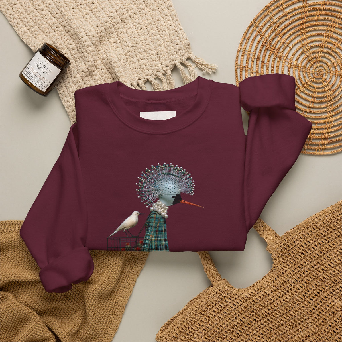 Illustrated Fashion Crewneck Sweatshirt — Bird-Headed Girl in Plaid Dress