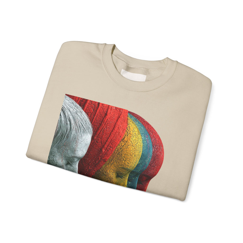 Abstract Triple-Profile Art Sweatshirt — Colorful Layered Faces Crewneck