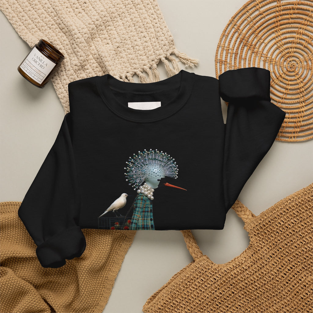 Illustrated Fashion Crewneck Sweatshirt — Bird-Headed Girl in Plaid Dress