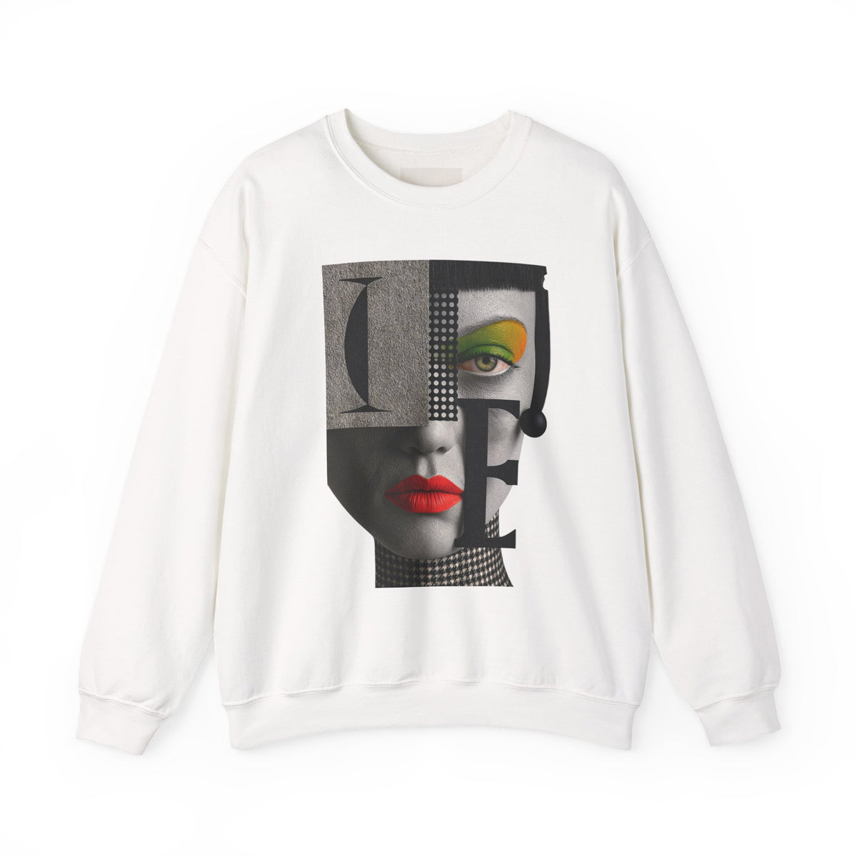 Abstract Face Collage Sweatshirt — Color Pop Fashion Graphic Crewneck