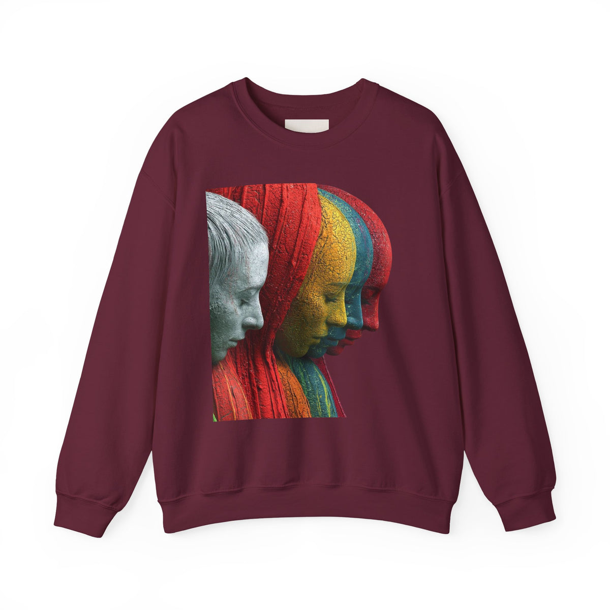 Abstract Triple-Profile Art Sweatshirt — Colorful Layered Faces Crewneck