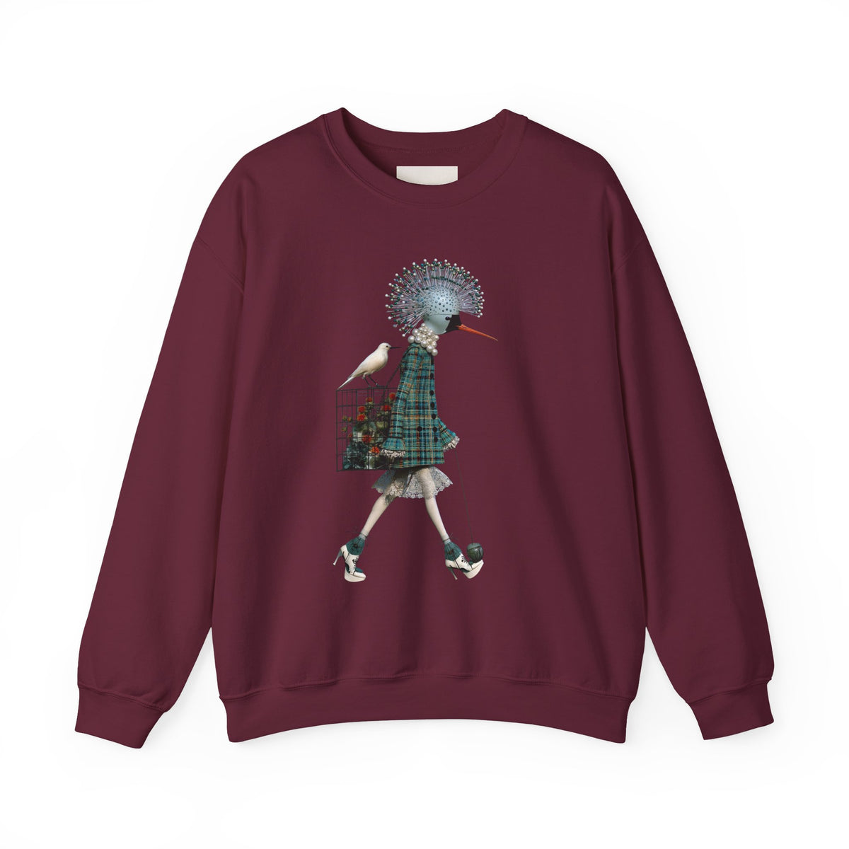 Illustrated Fashion Crewneck Sweatshirt — Bird-Headed Girl in Plaid Dress