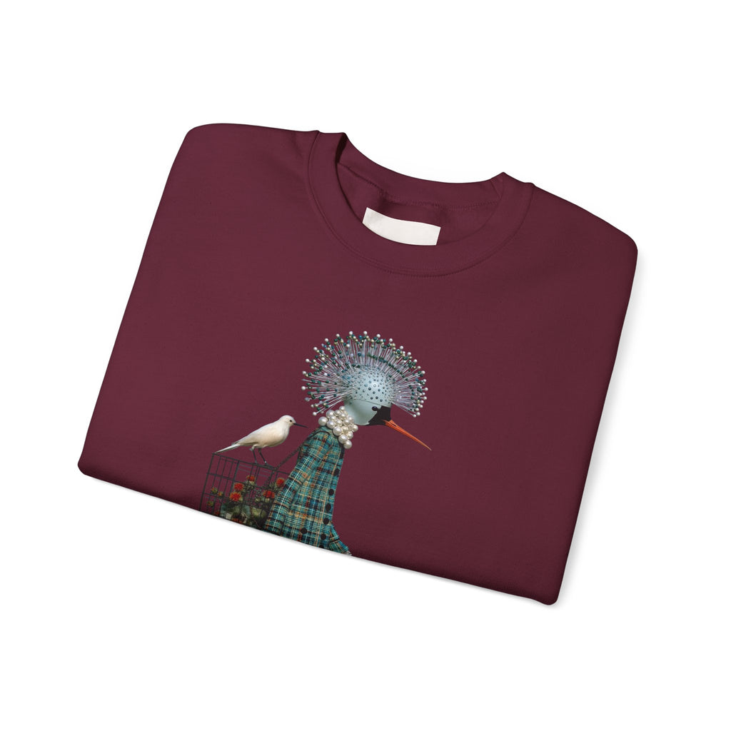 Illustrated Fashion Crewneck Sweatshirt — Bird-Headed Girl in Plaid Dress