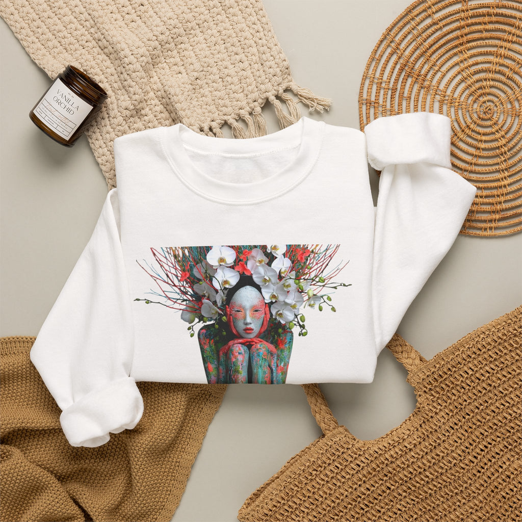 Crewneck Sweatshirt — Surreal Doll in Floral Throne Art