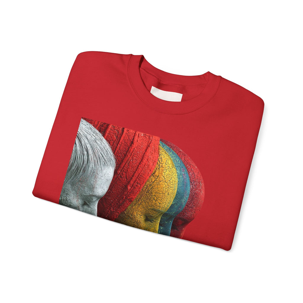 Abstract Triple-Profile Art Sweatshirt — Colorful Layered Faces Crewneck