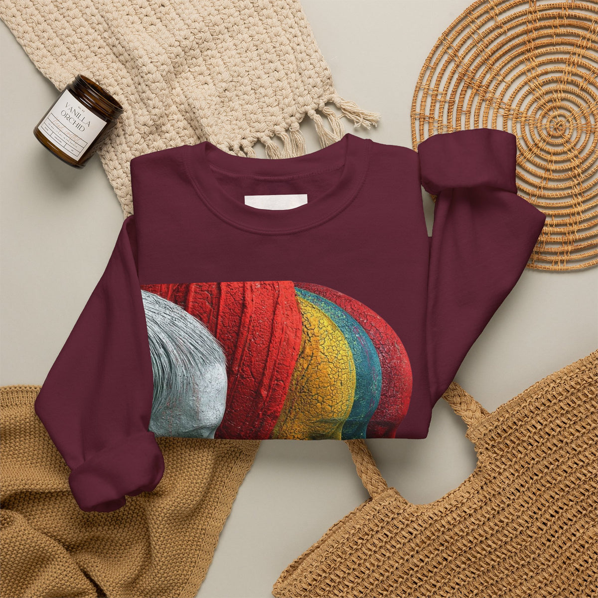 Abstract Triple-Profile Art Sweatshirt — Colorful Layered Faces Crewneck