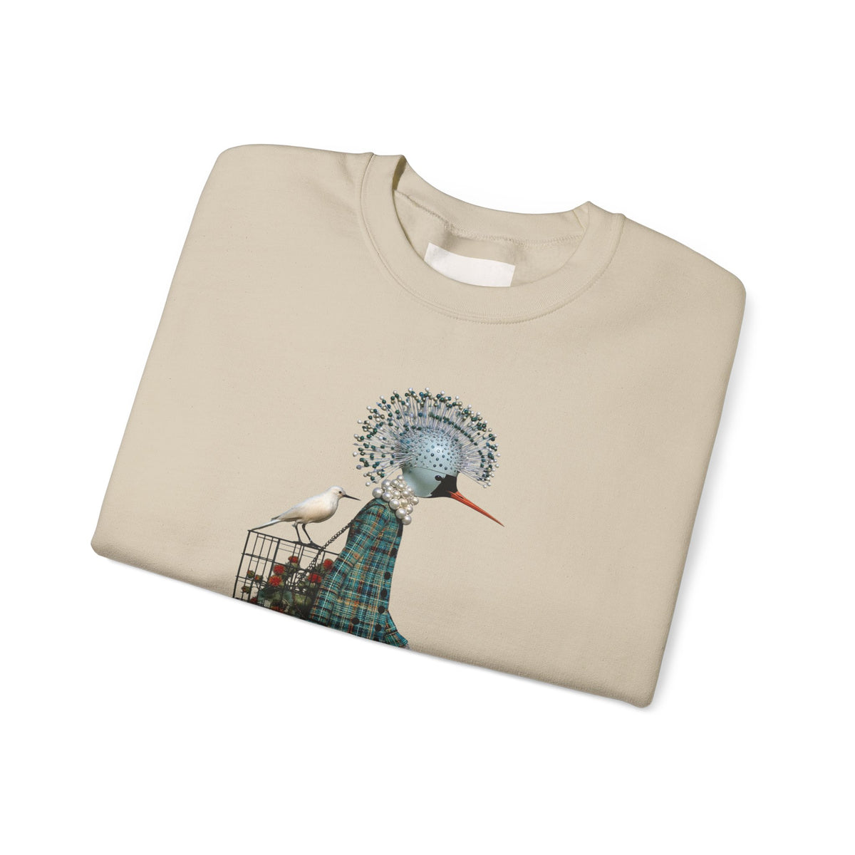 Illustrated Fashion Crewneck Sweatshirt — Bird-Headed Girl in Plaid Dress