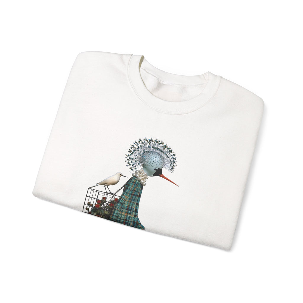 Illustrated Fashion Crewneck Sweatshirt — Bird-Headed Girl in Plaid Dress