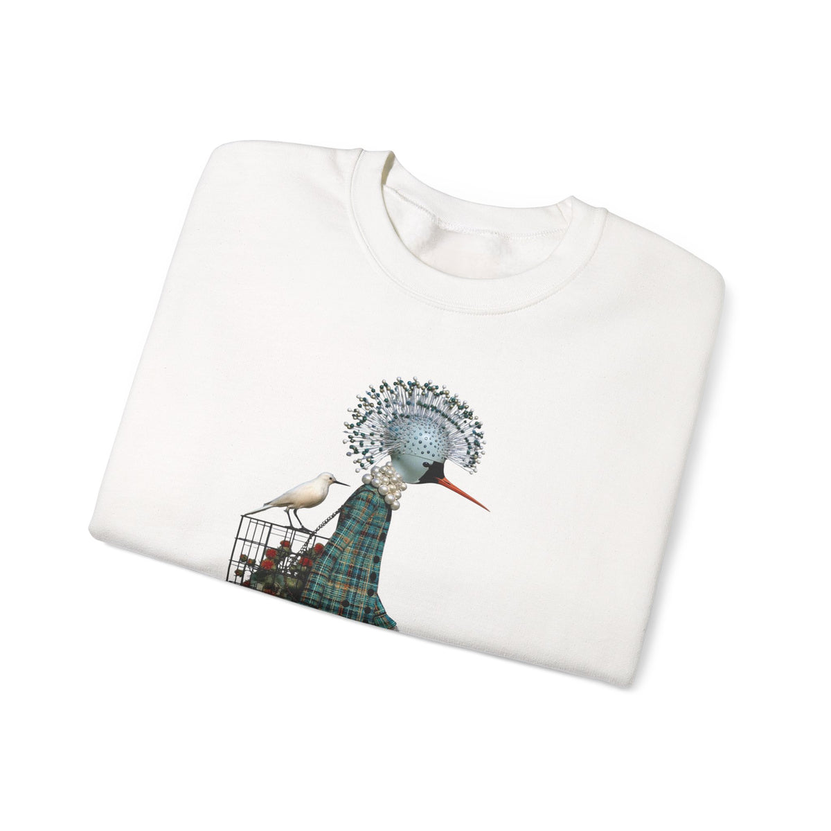 Illustrated Fashion Crewneck Sweatshirt — Bird-Headed Girl in Plaid Dress