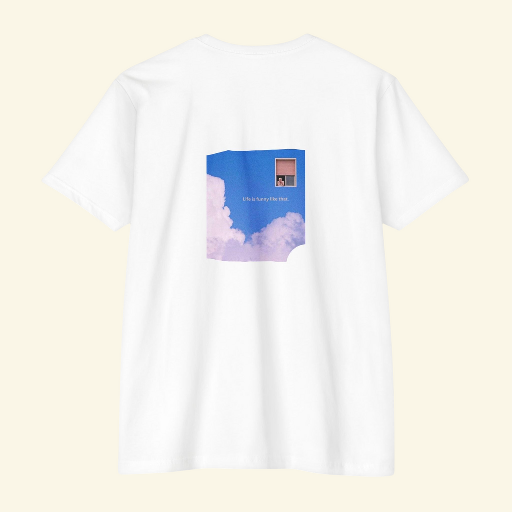 PURETE white cotton t-shirt featuring a dreamy cloud and window graphic print on the back with inspirational text