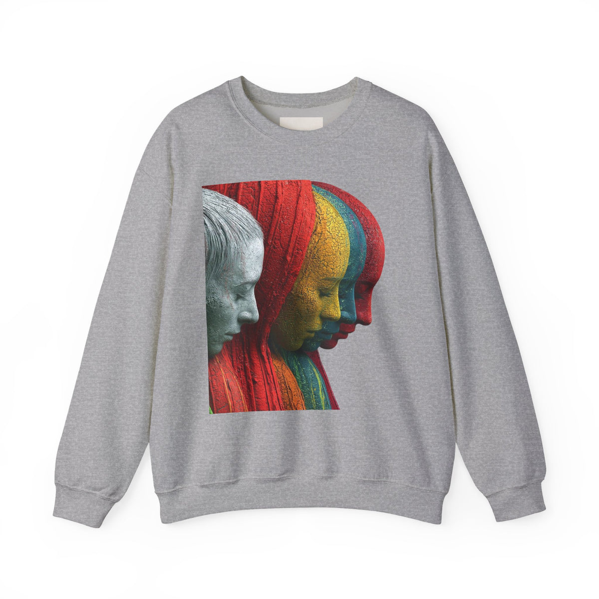 Abstract Triple-Profile Art Sweatshirt — Colorful Layered Faces Crewneck