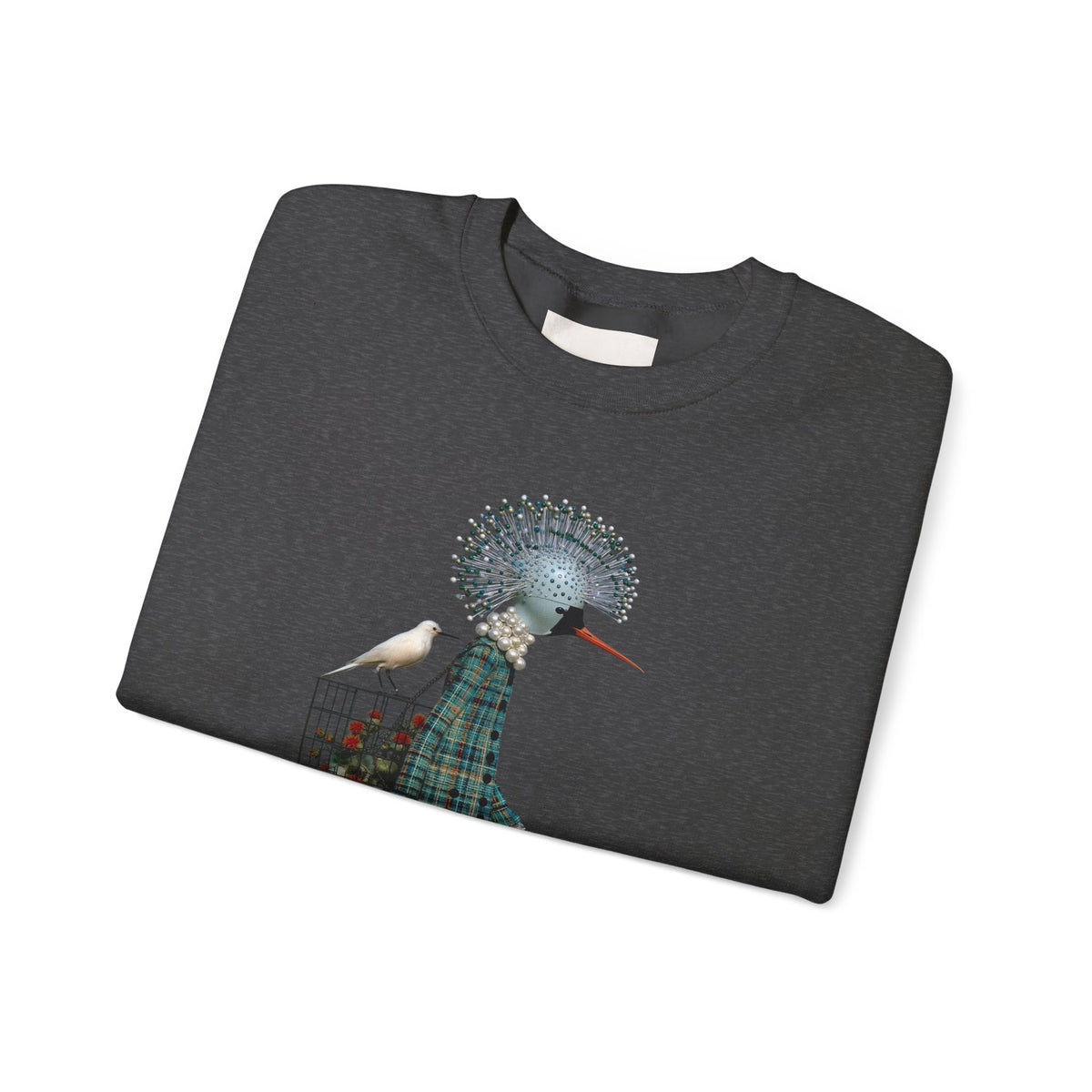 Illustrated Fashion Crewneck Sweatshirt — Bird-Headed Girl in Plaid Dress