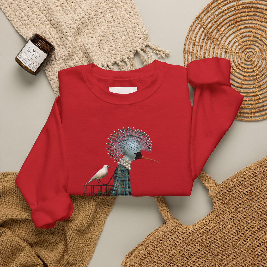Illustrated Fashion Crewneck Sweatshirt — Bird-Headed Girl in Plaid Dress