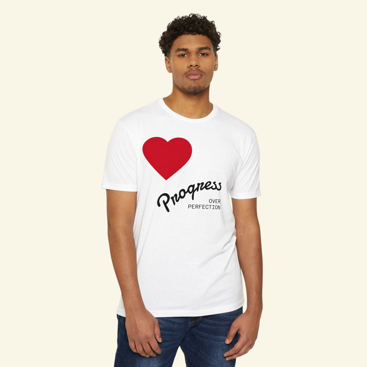 PURETE white cotton blend t-shirt featuring a red heart and Progress Over Perfection text on a male model