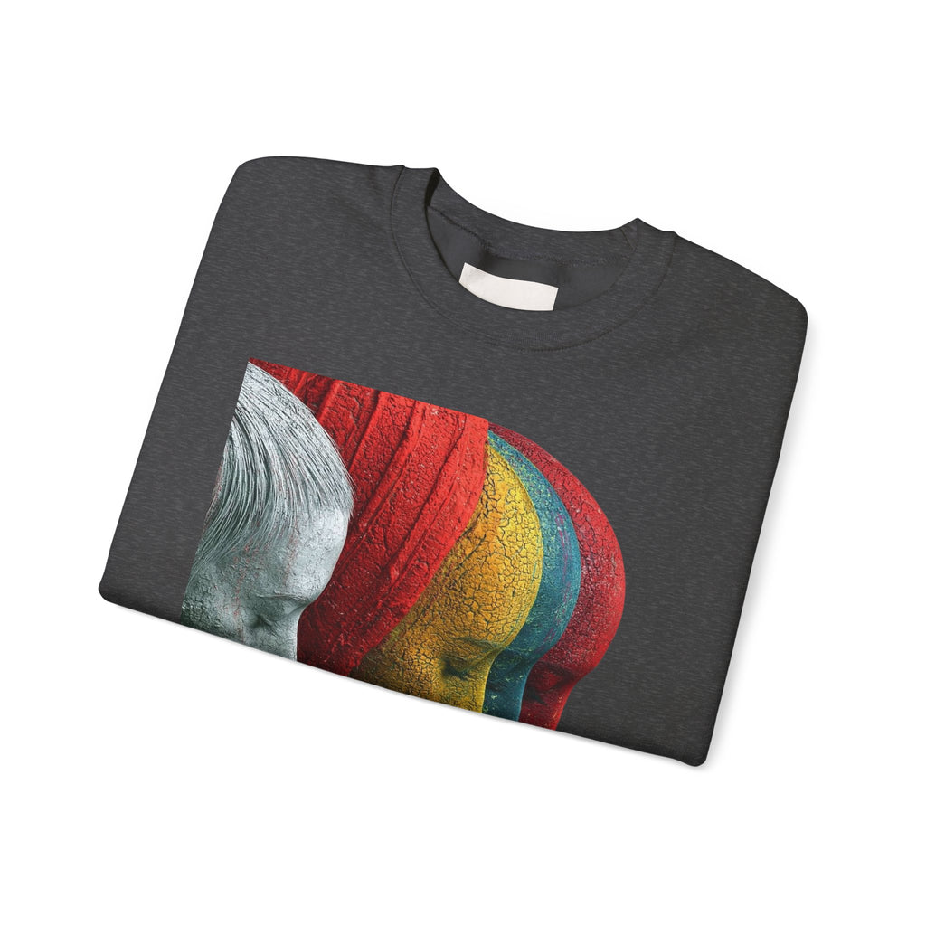 Abstract Triple-Profile Art Sweatshirt — Colorful Layered Faces Crewneck