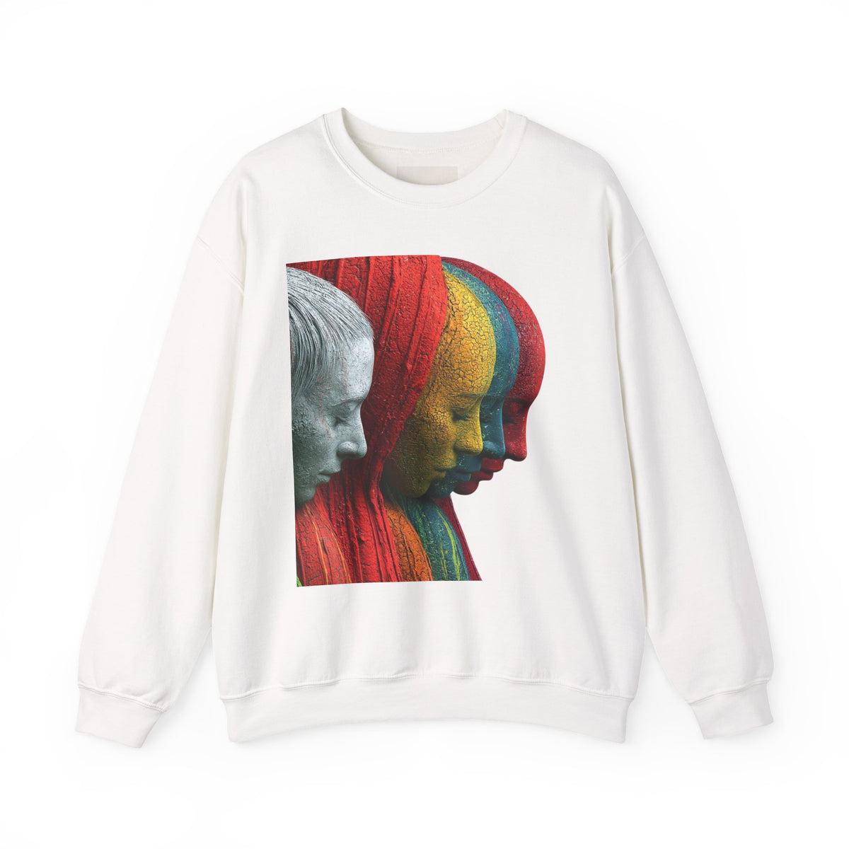 Abstract Triple-Profile Art Sweatshirt — Colorful Layered Faces Crewneck