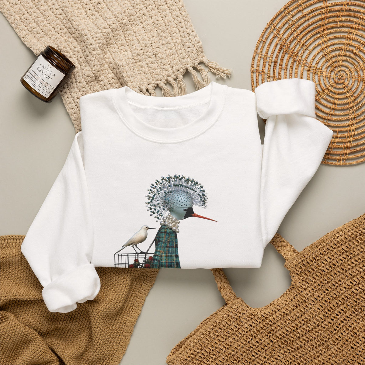 Illustrated Fashion Crewneck Sweatshirt — Bird-Headed Girl in Plaid Dress