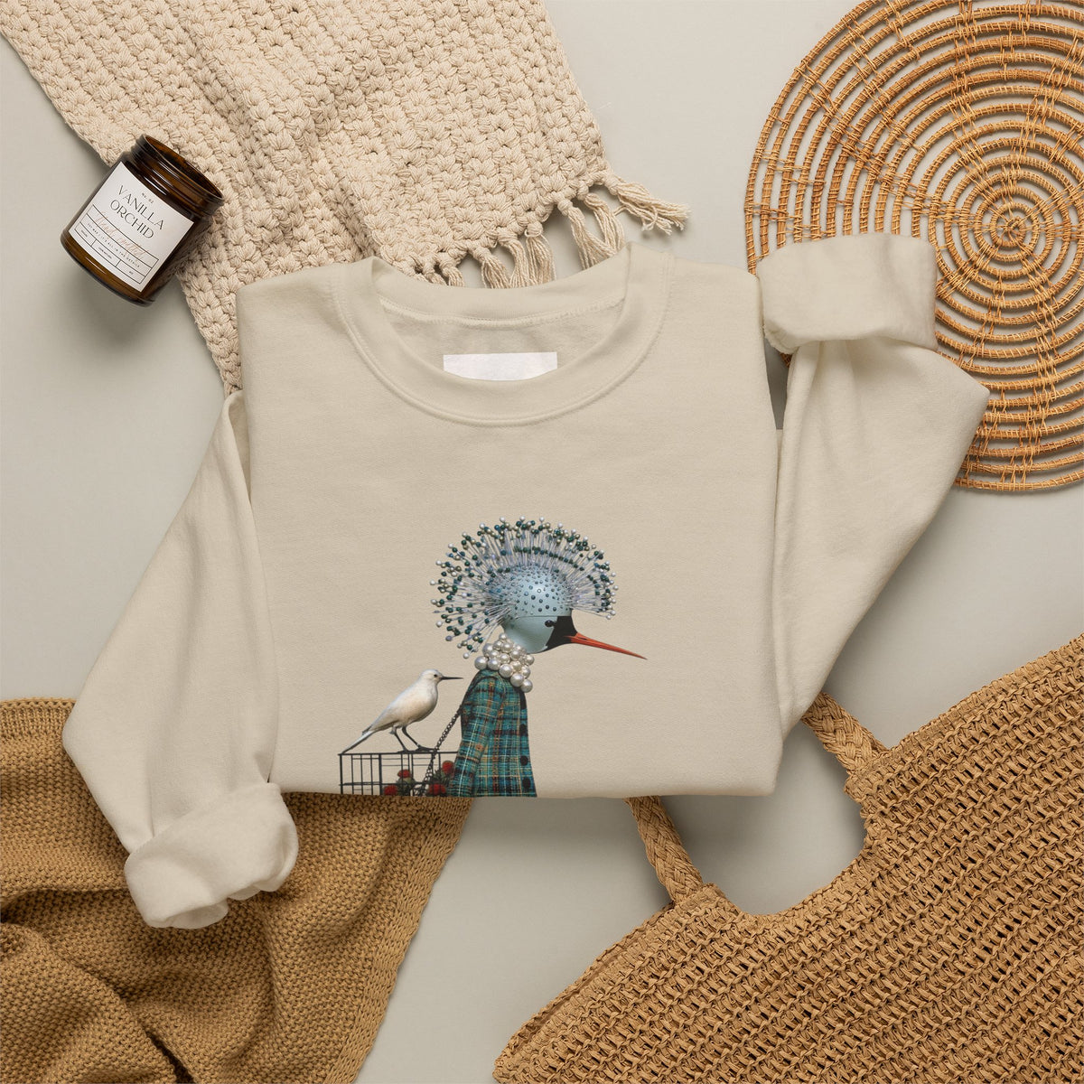 Illustrated Fashion Crewneck Sweatshirt — Bird-Headed Girl in Plaid Dress