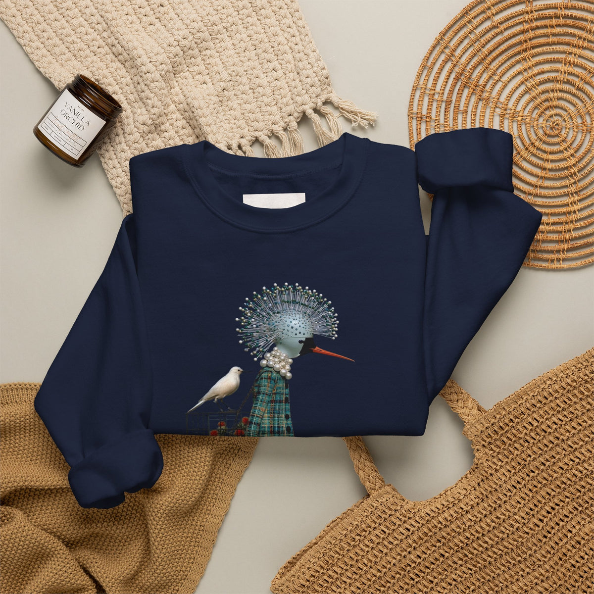 Illustrated Fashion Crewneck Sweatshirt — Bird-Headed Girl in Plaid Dress