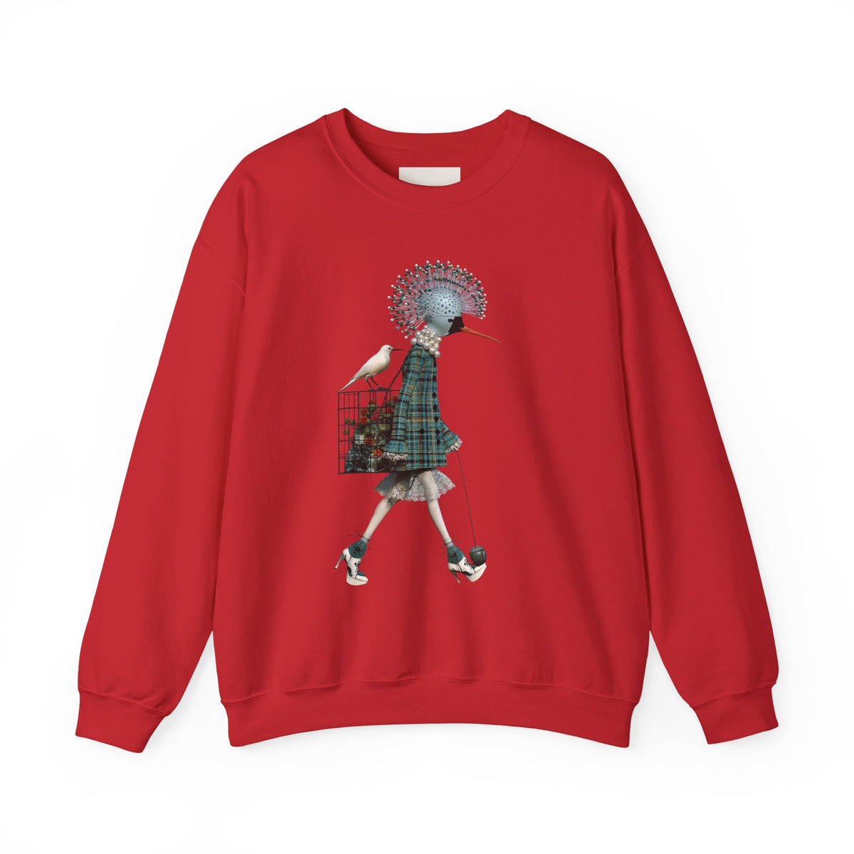 Illustrated Fashion Crewneck Sweatshirt — Bird-Headed Girl in Plaid Dress