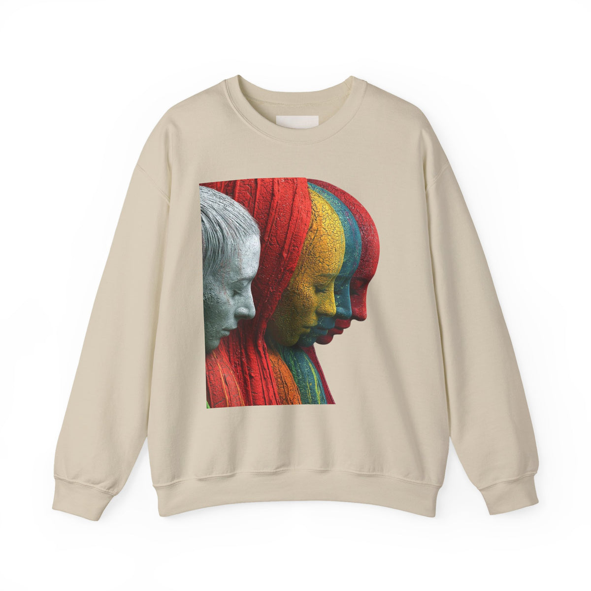 Abstract Triple-Profile Art Sweatshirt — Colorful Layered Faces Crewneck