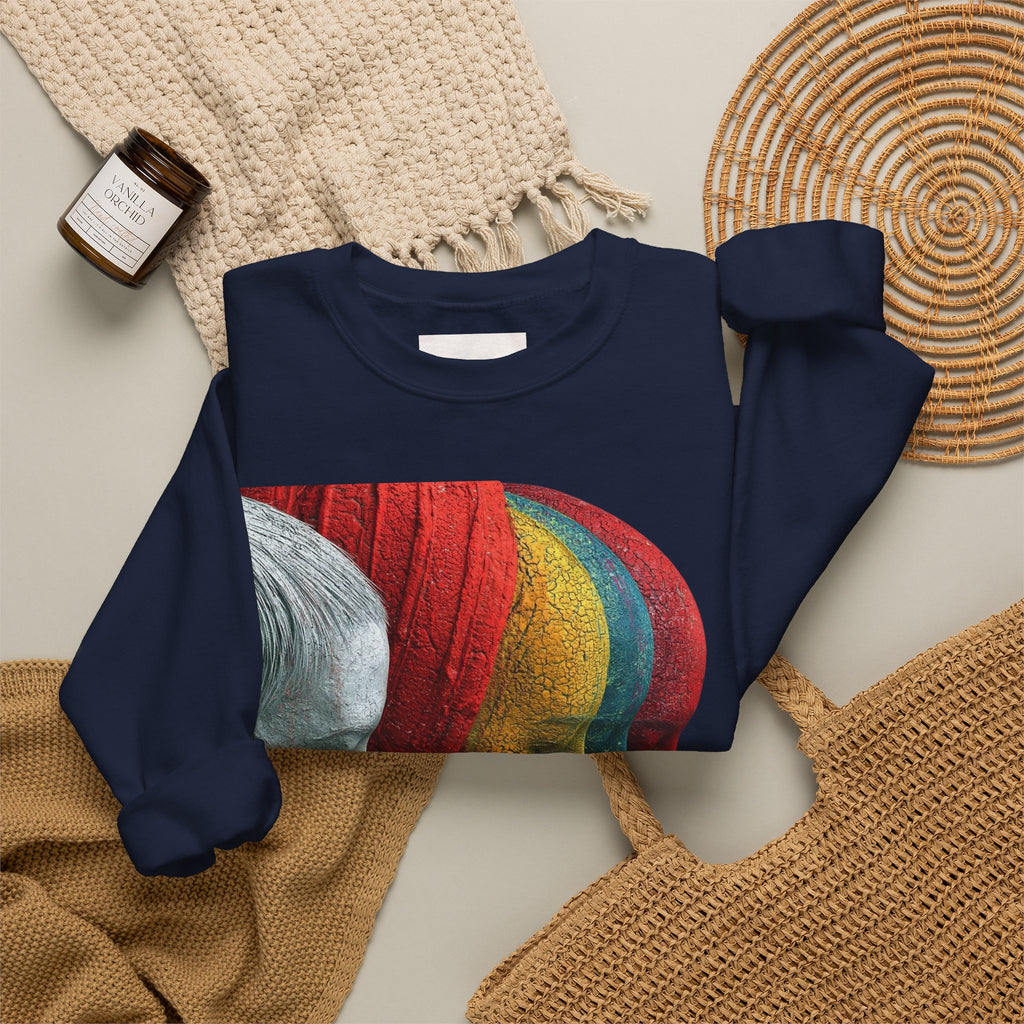 Abstract Triple-Profile Art Sweatshirt — Colorful Layered Faces Crewneck