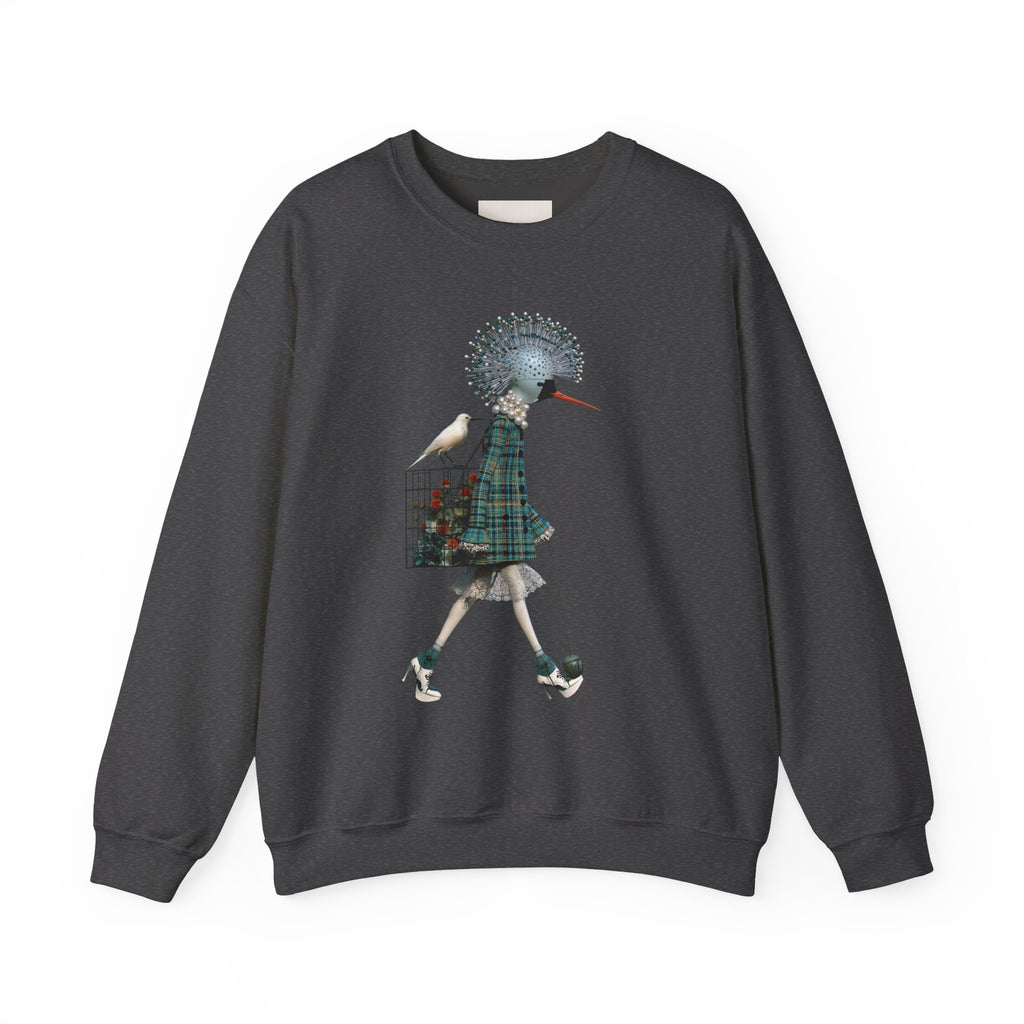 Illustrated Fashion Crewneck Sweatshirt — Bird-Headed Girl in Plaid Dress