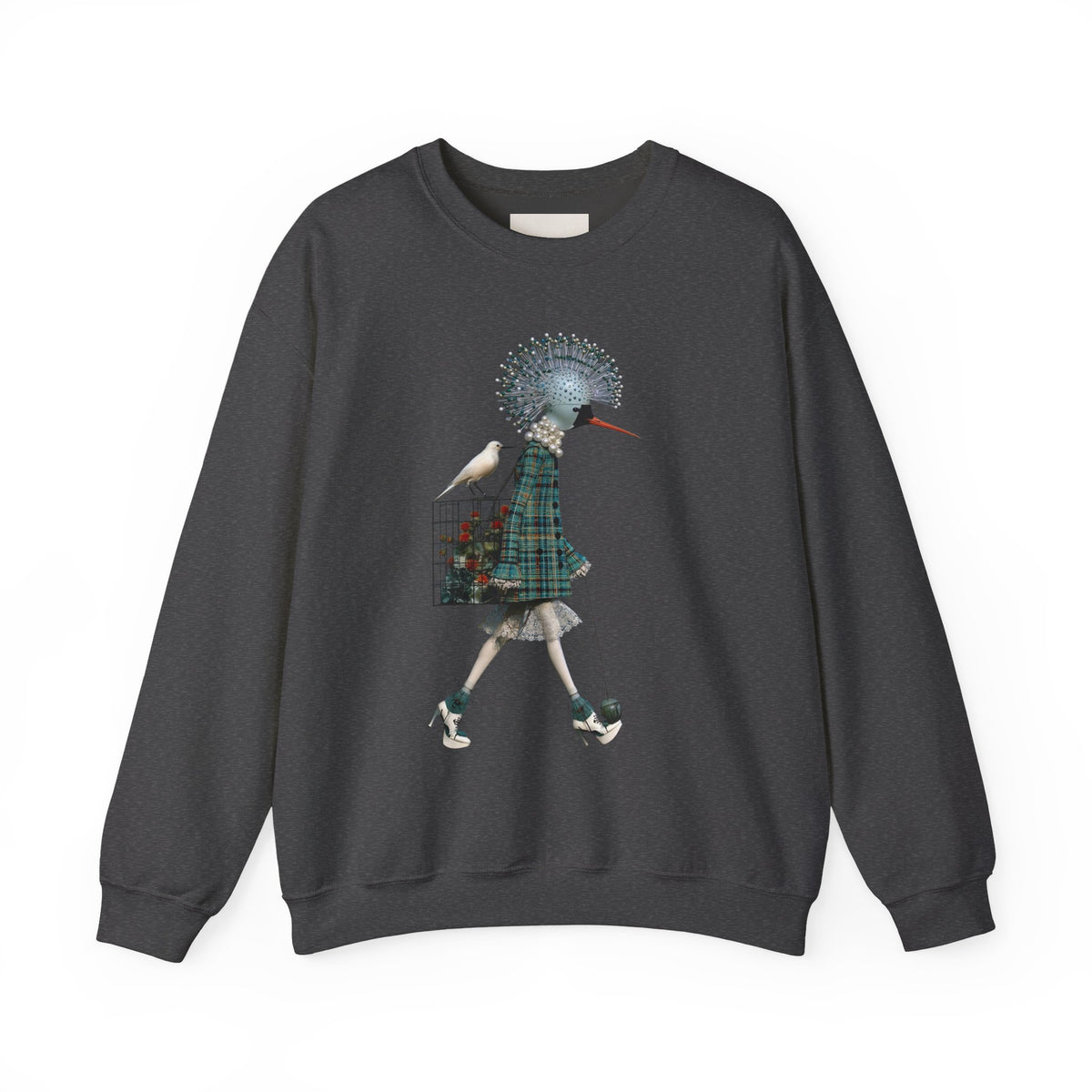 Illustrated Fashion Crewneck Sweatshirt — Bird-Headed Girl in Plaid Dress