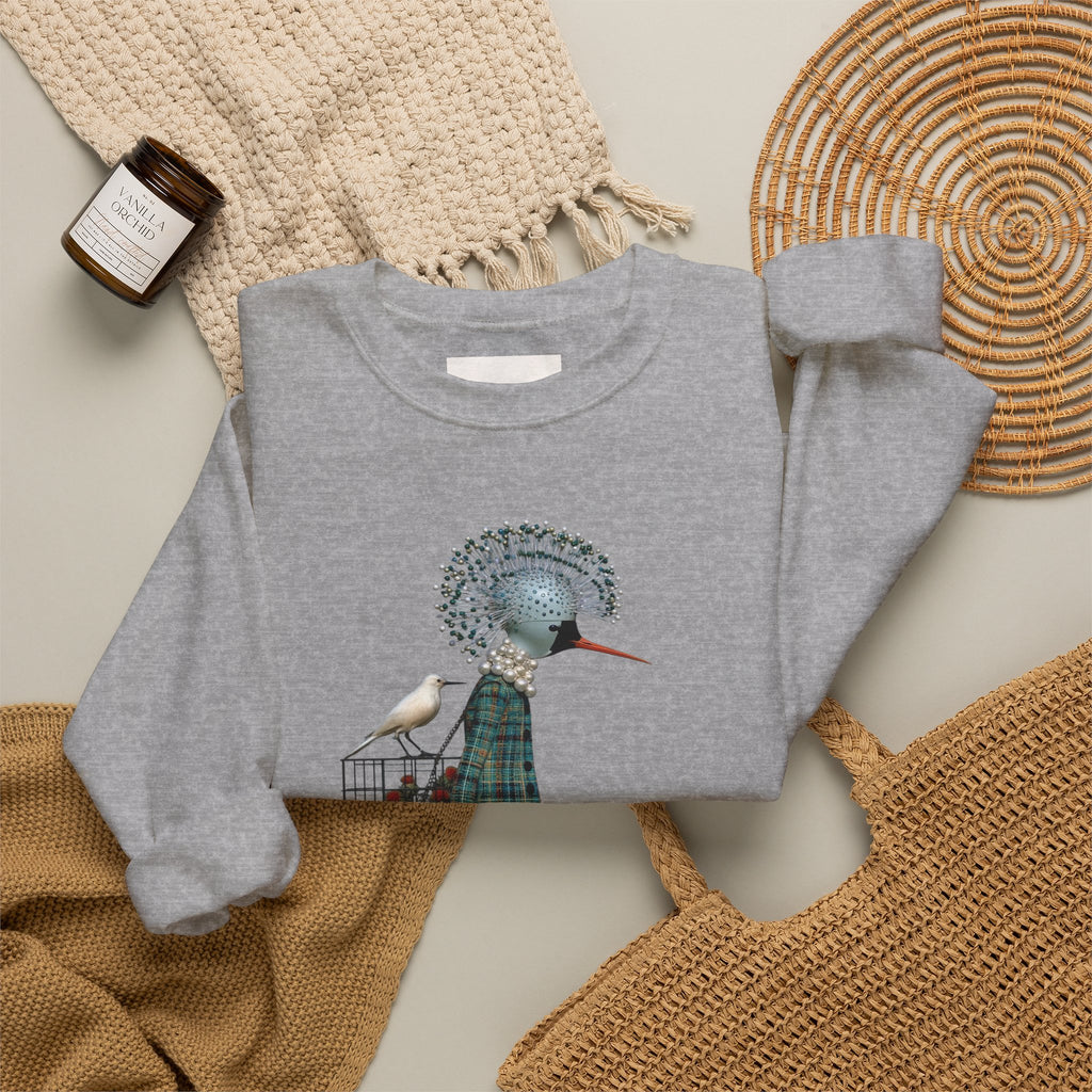 Illustrated Fashion Crewneck Sweatshirt — Bird-Headed Girl in Plaid Dress