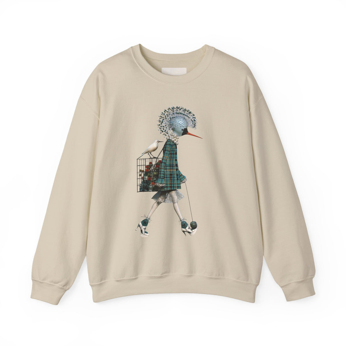 Illustrated Fashion Crewneck Sweatshirt — Bird-Headed Girl in Plaid Dress