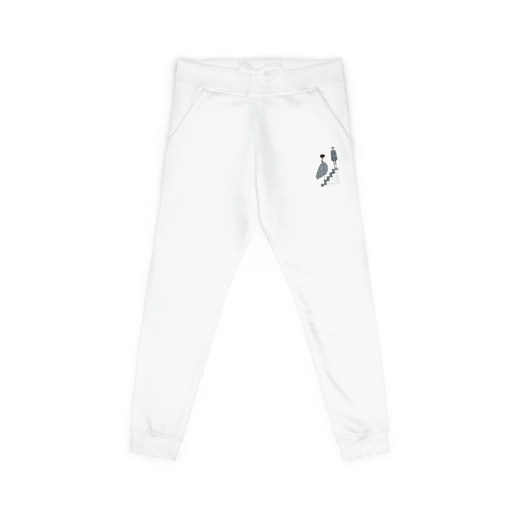 Embroidered QR Code Sweatpants — White Fleece Joggers