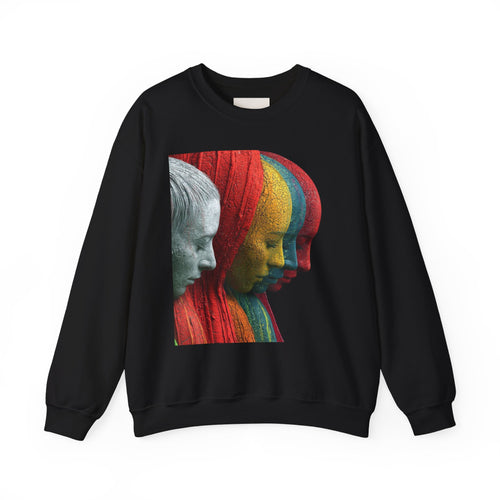 Abstract Triple-Profile Art Sweatshirt — Colorful Layered Faces Crewneck