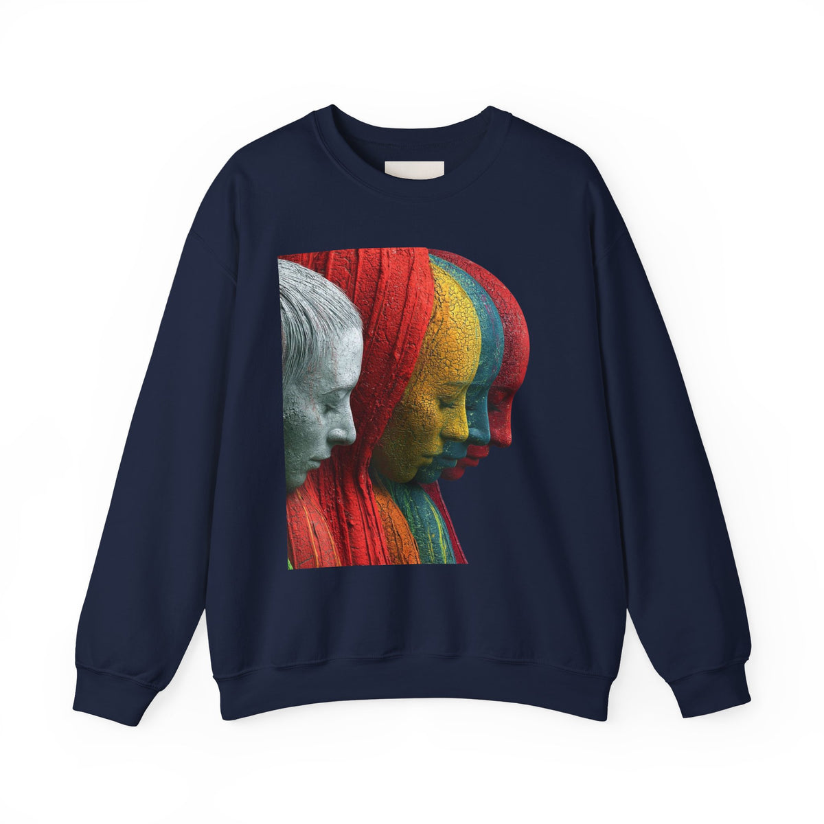 Abstract Triple-Profile Art Sweatshirt — Colorful Layered Faces Crewneck