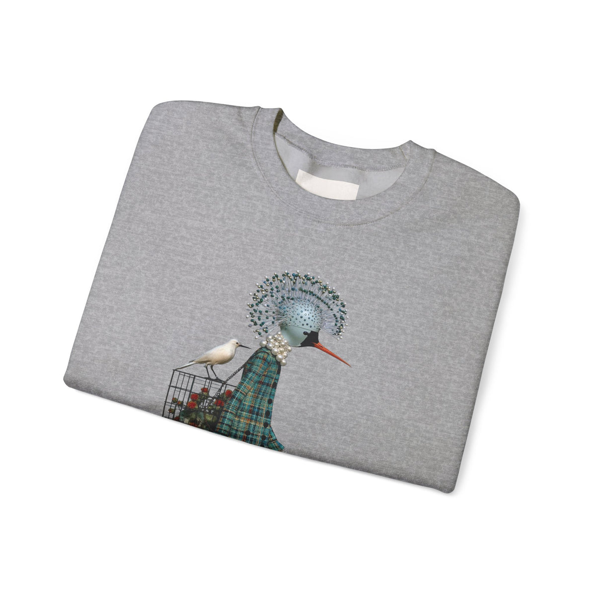 Illustrated Fashion Crewneck Sweatshirt — Bird-Headed Girl in Plaid Dress