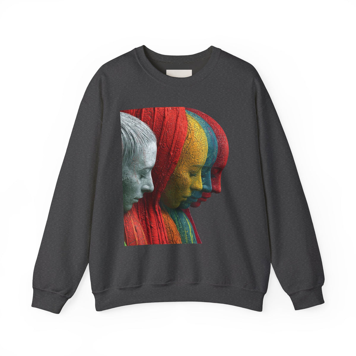 Abstract Triple-Profile Art Sweatshirt — Colorful Layered Faces Crewneck