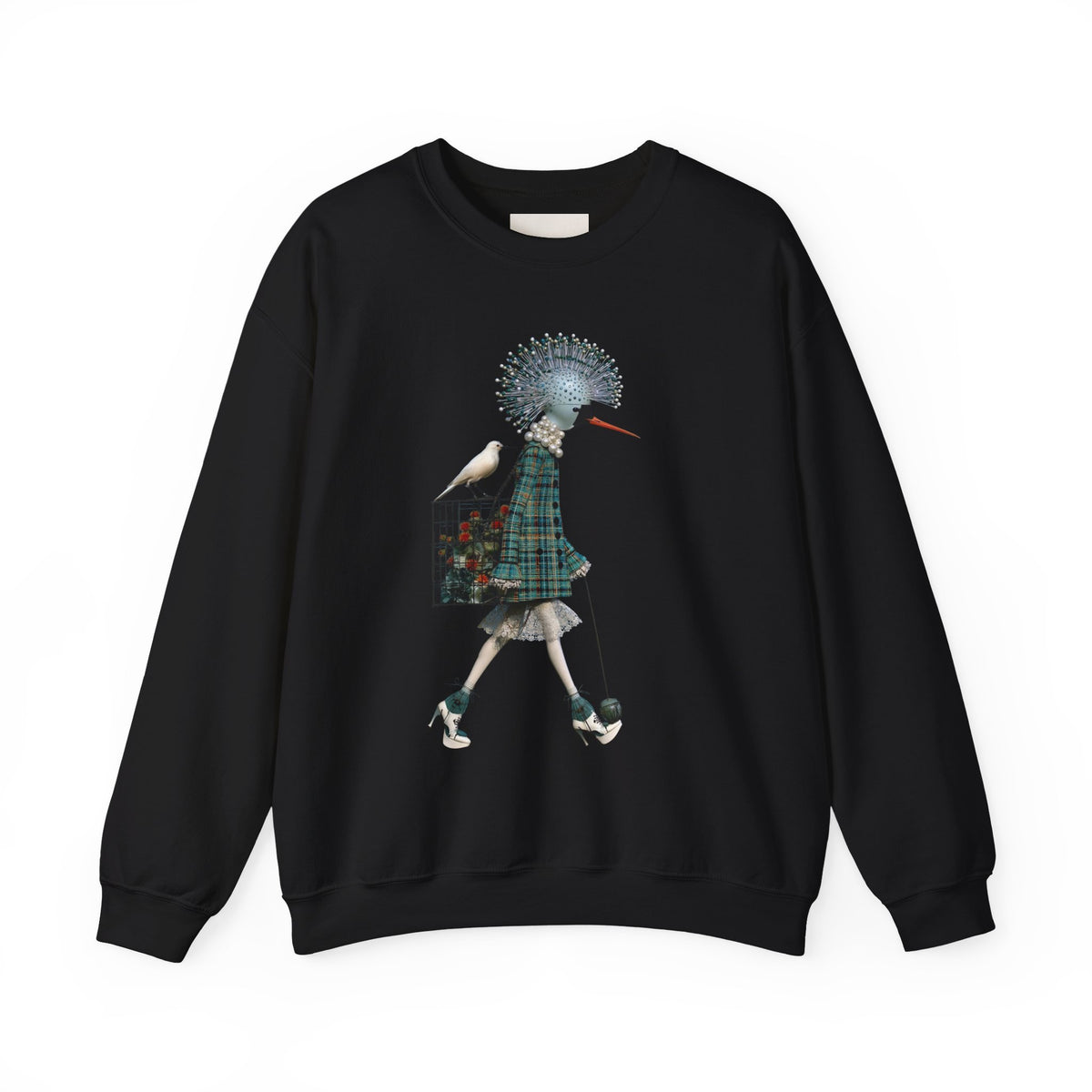 Illustrated Fashion Crewneck Sweatshirt — Bird-Headed Girl in Plaid Dress