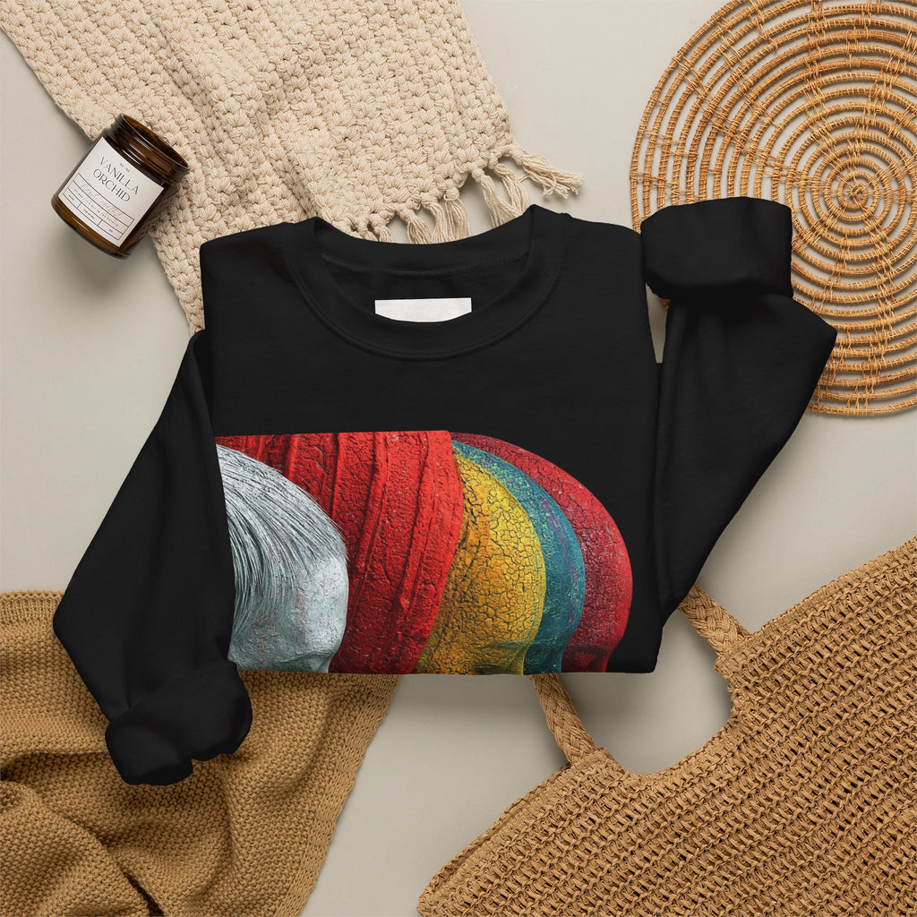Abstract Triple-Profile Art Sweatshirt — Colorful Layered Faces Crewneck