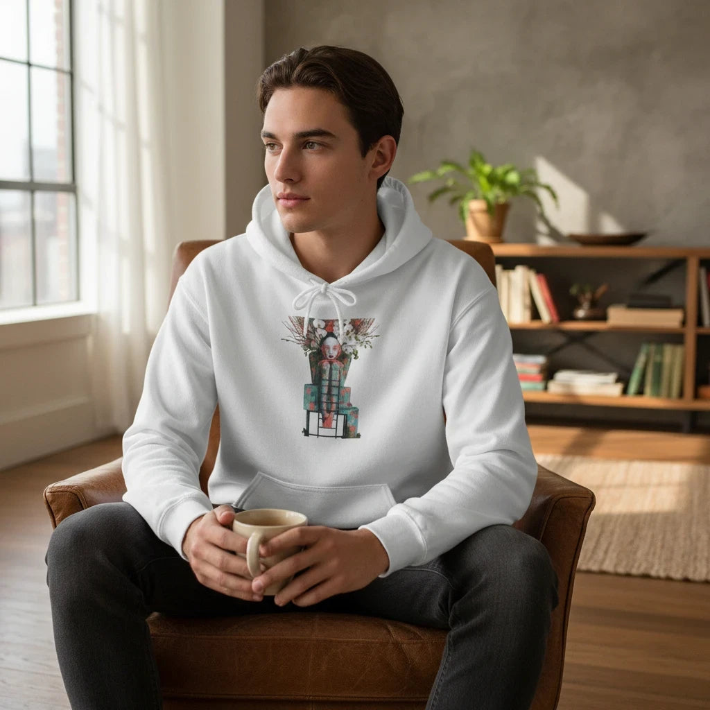 A man wearing a white PURETE hoodie with an abstract floral robot graphic, sitting in a leather chair with a mug.
