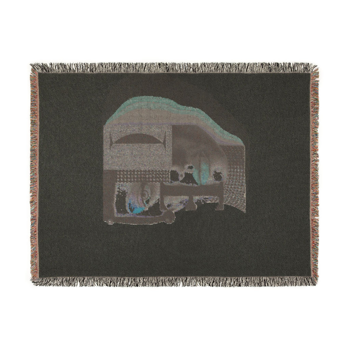 PURETE woven cotton throw blanket featuring a dark abstract portrait design with fringed edges on a white background