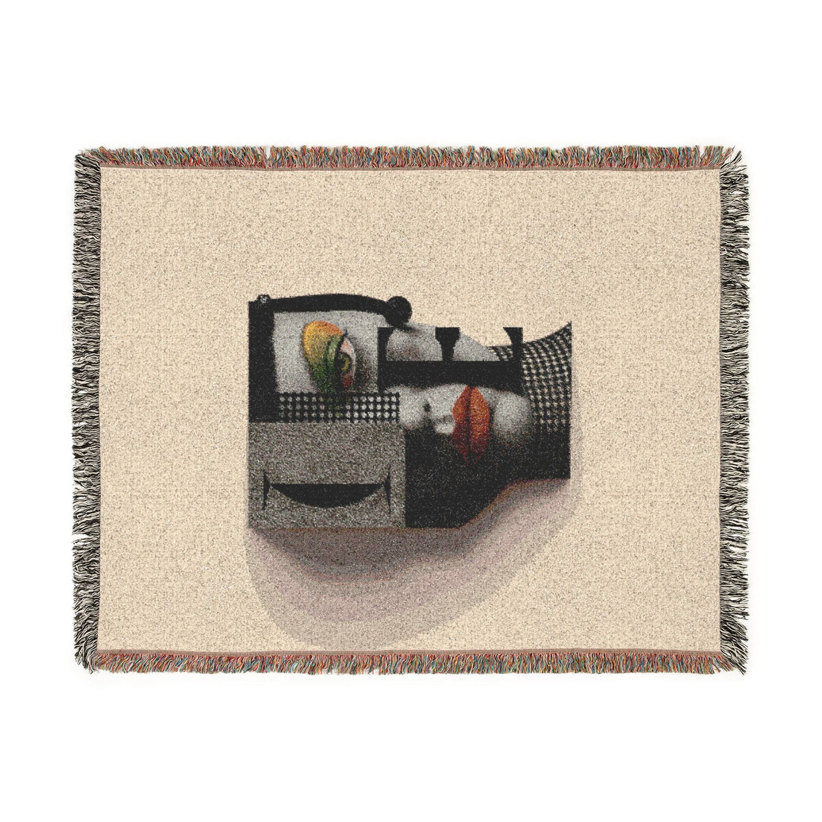 PURETE woven cotton throw blanket featuring a modern abstract portrait design with fringed edges on a cream background
